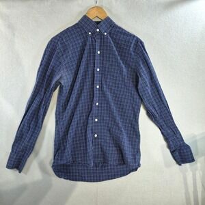 Ledbury Shirt Mens 15.5 39cm Navy Green Plaid Cotton Button Down Made in Poland